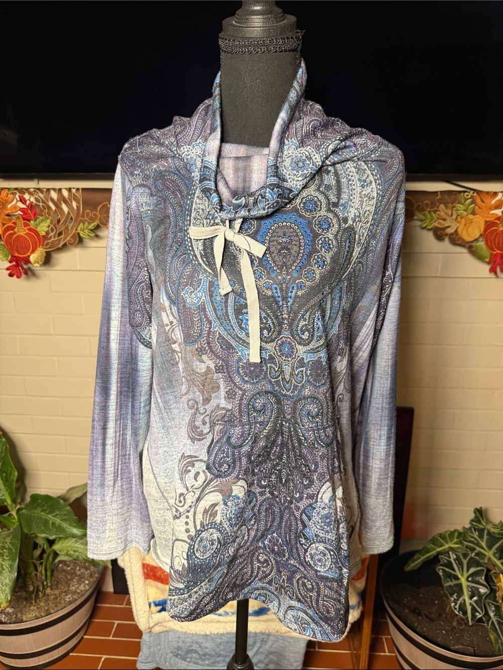 Paisley Cowl Neck Pullover Hoodie - Blue Paisley